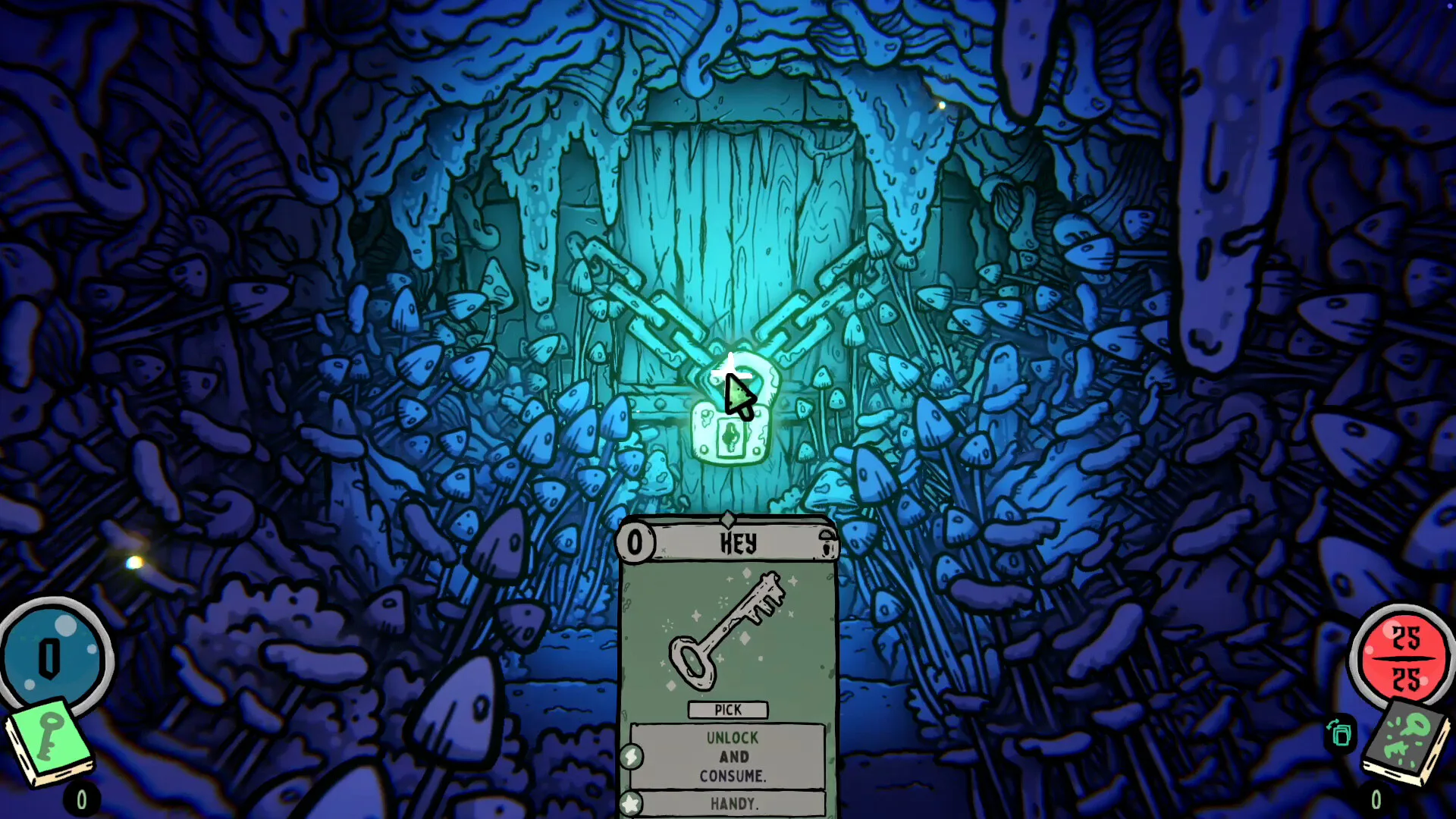 A Key card held before a glowing locked door in Shroom and Gloom.