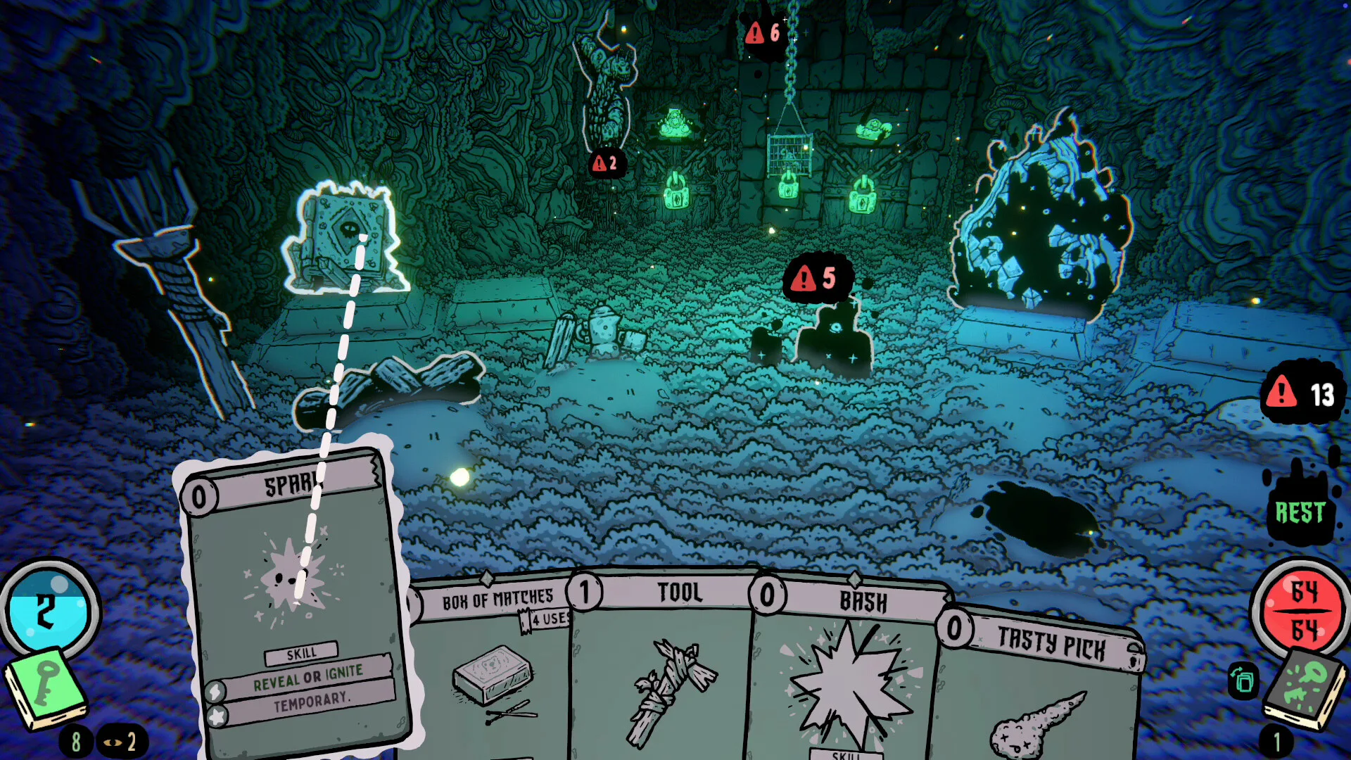 A hand of explore cards in a glowing underground chamber in Shroom and Gloom.