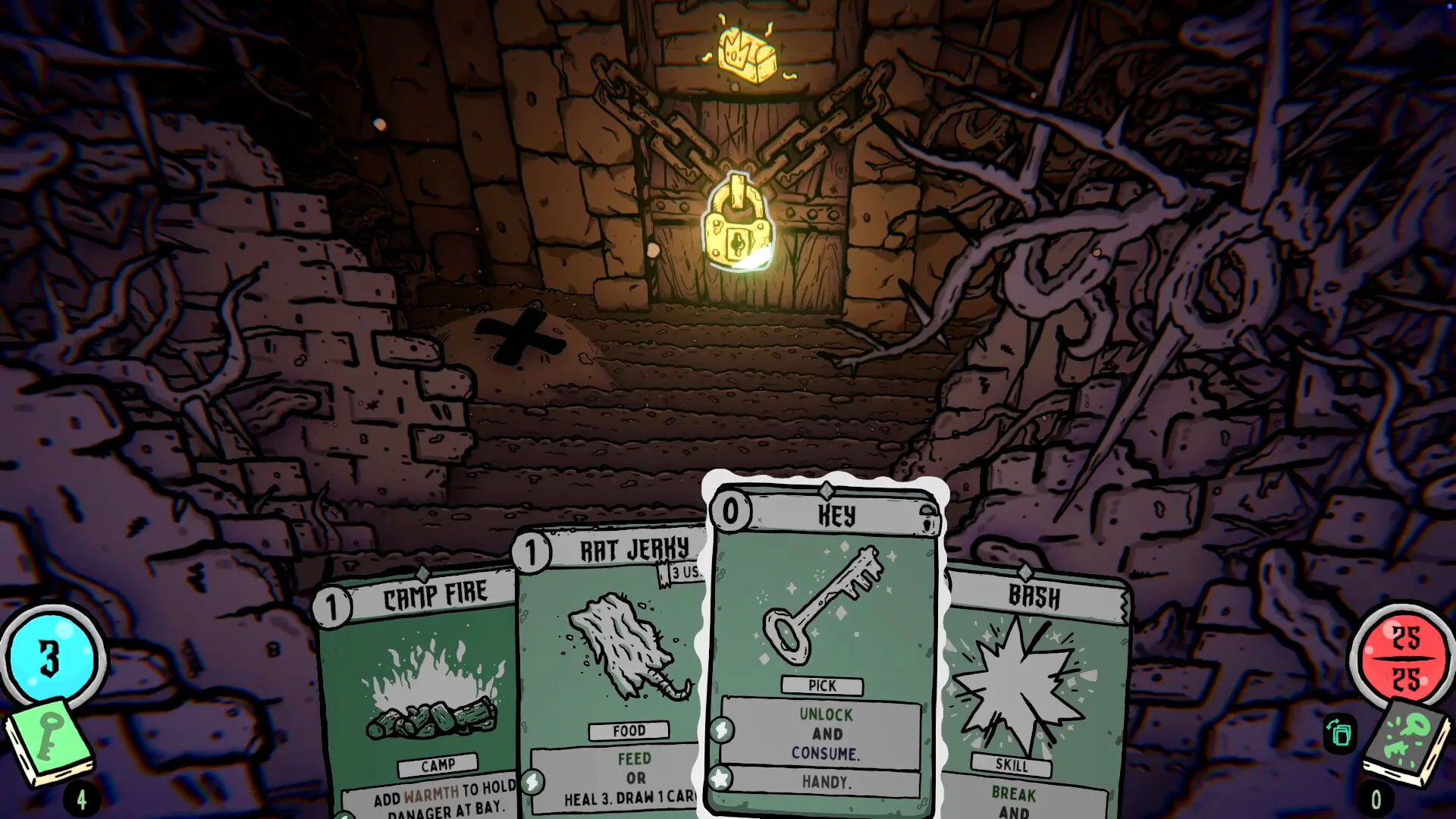 Explore cards in front of a locked dungeon door in Shroom and Gloom.