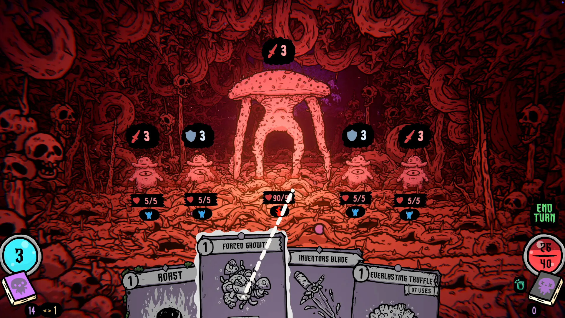 Shroom and Gloom combat with mushroom enemies and a hand of cards.