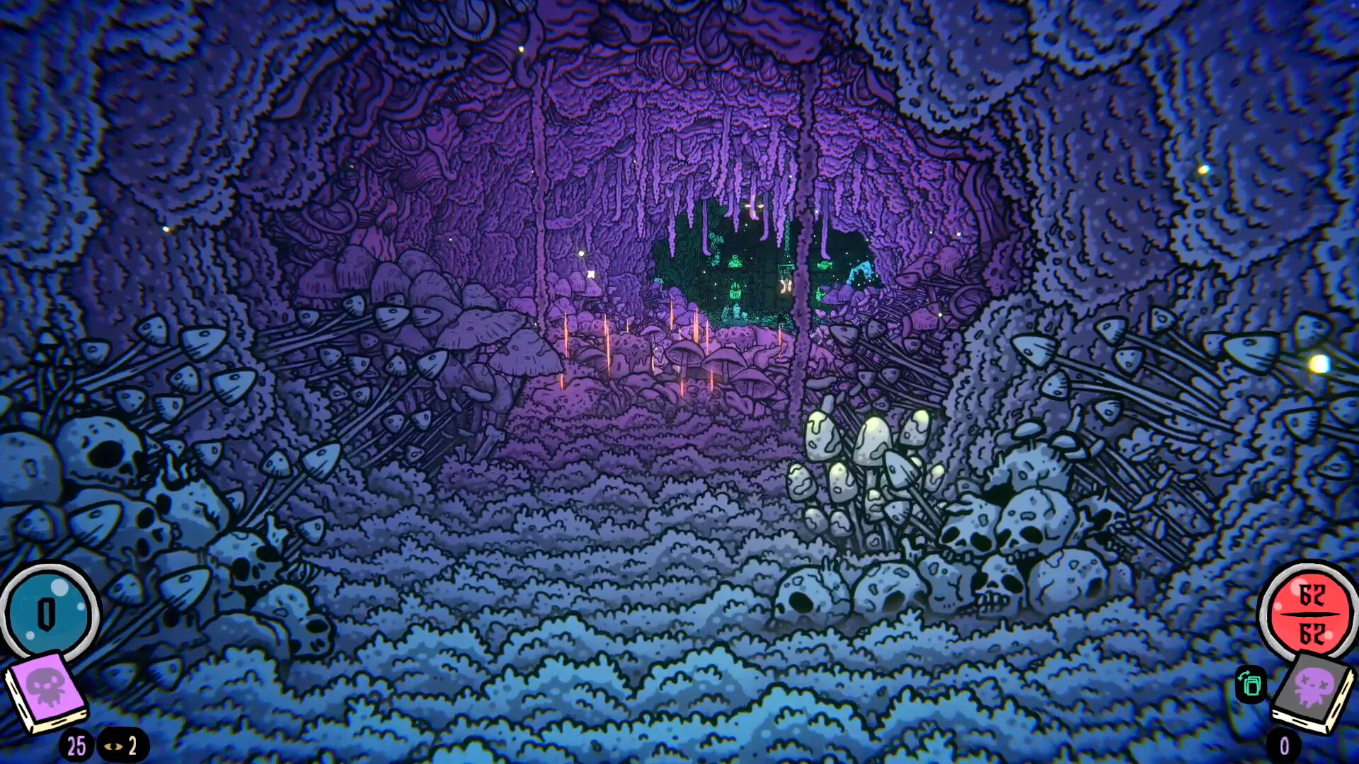 A purple mushroom cavern in Shroom and Gloom, from the official Steam gallery.