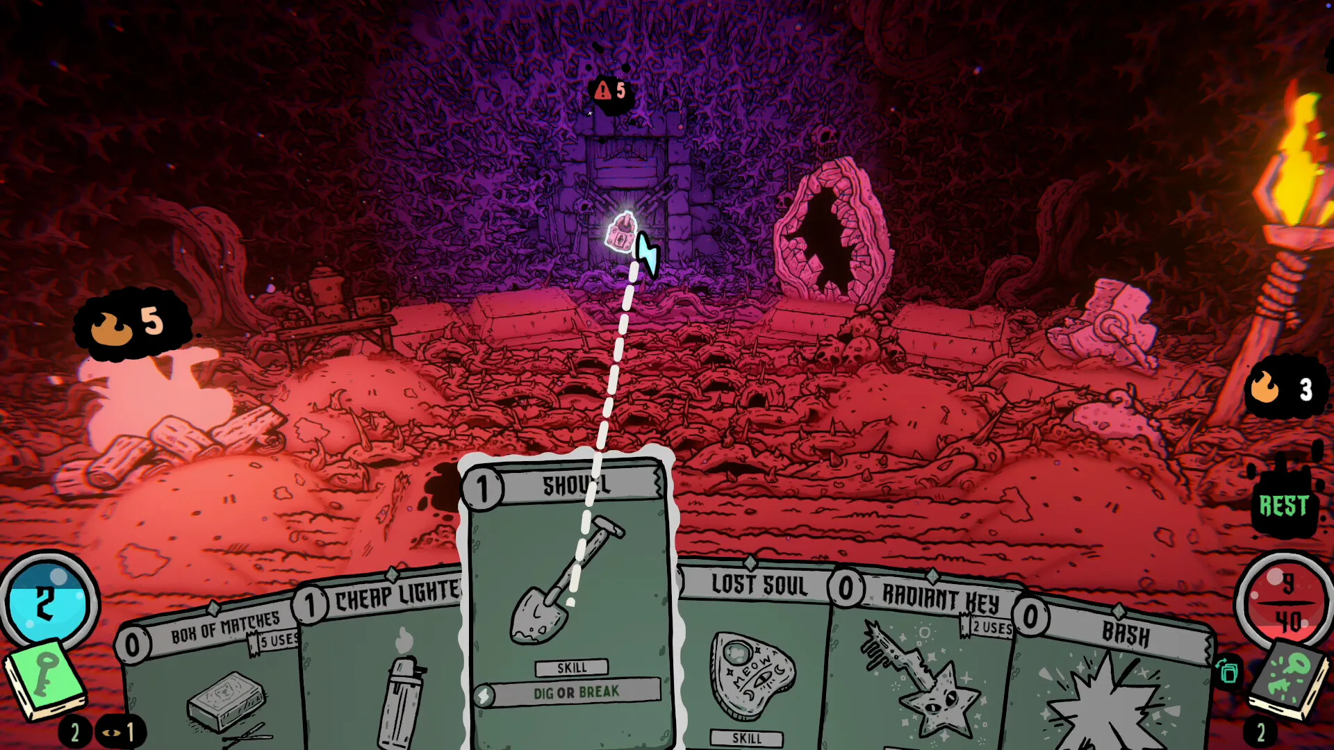 A Shovel card targeting a locked door during exploration in Shroom and Gloom.